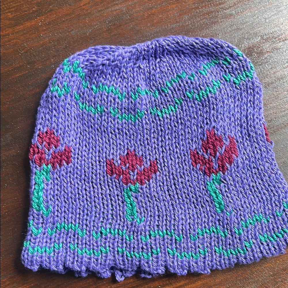 Purple Knit Kids Beanie with Floral Design - Picture 1 of 5